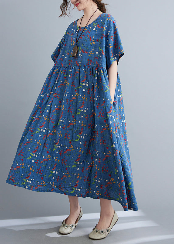 Blue O-neck Patchwork Maxi Dress Short Sleeve