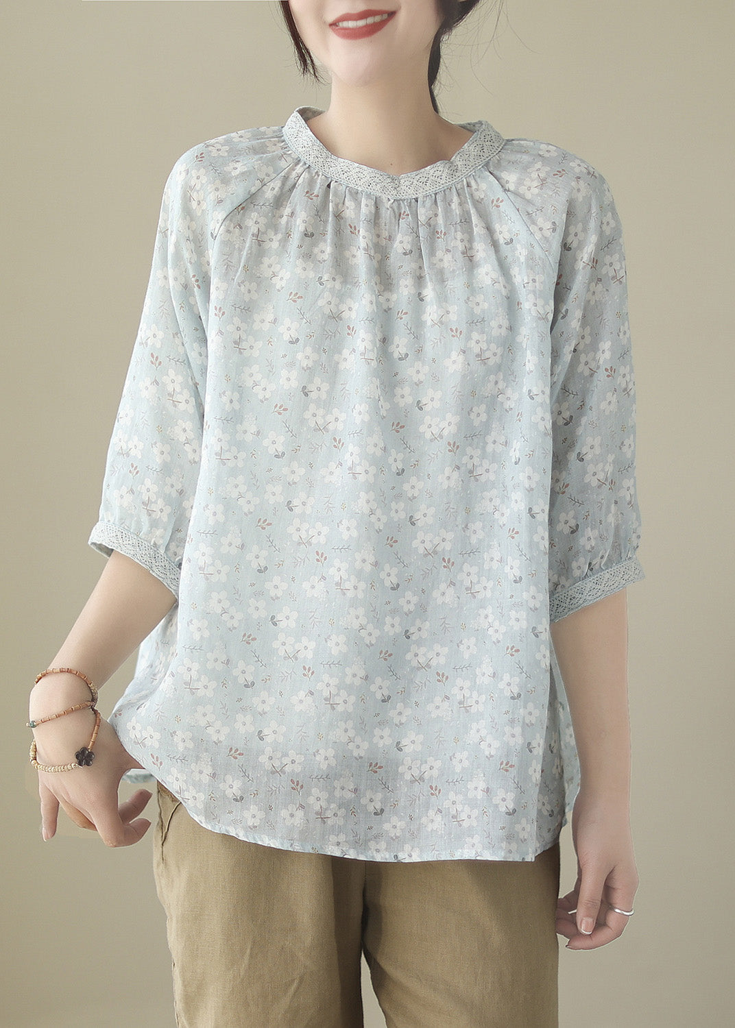 Blue O-neck Patchwork Ramie Shirts Half Sleeve