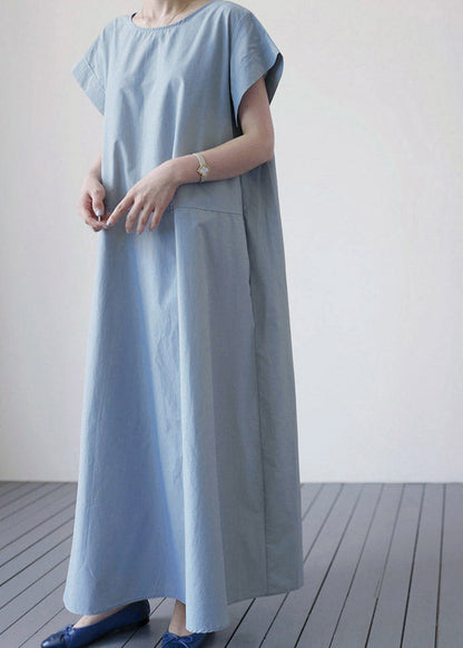 Blue O-neck Patchwork Maxi Dress Short Sleeve