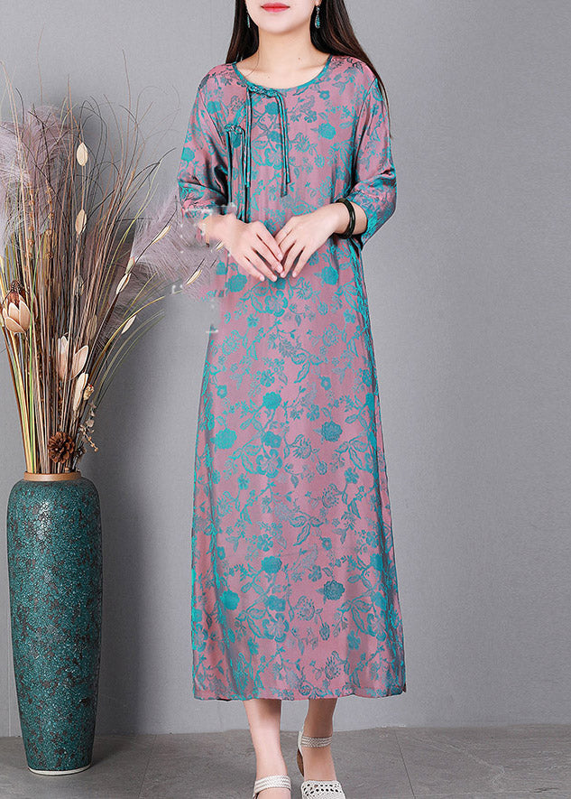 Blue O-neck Print Side Open Silk Dress Half Sleeve