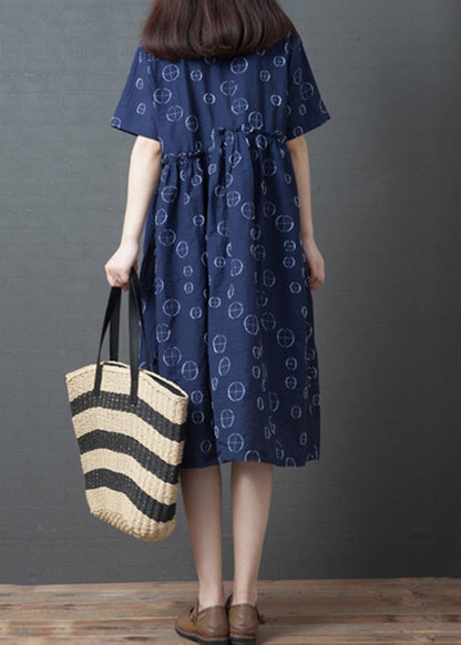 Blue O-neck Ruffled Patchwork Long Dresses Summer