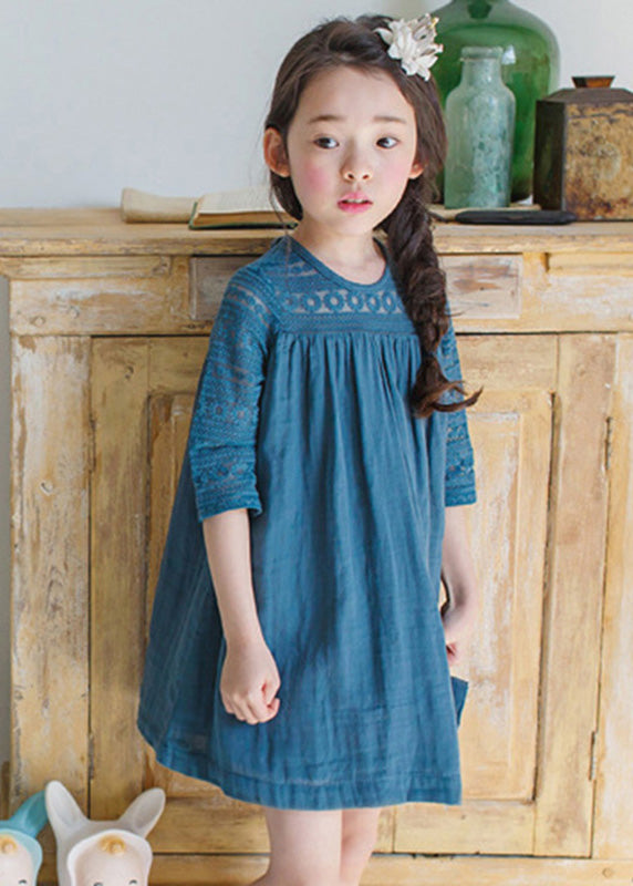 Blue O-neck Wrinkled Cotton Mid Dresses Half Sleeve