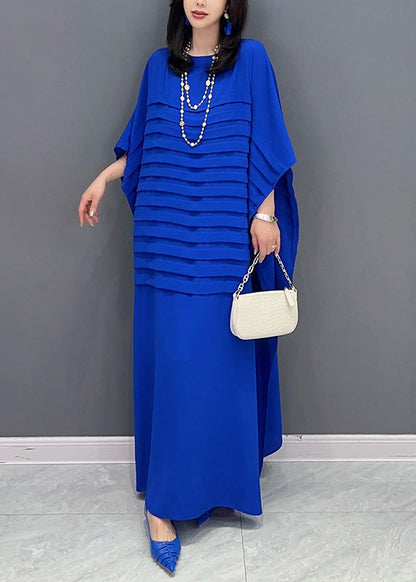Blue O-neck Wrinkled Loose Dress Summer