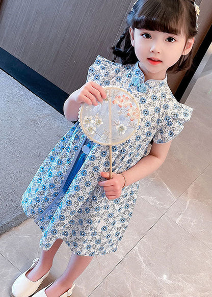Blue Patchwork Cotton Kids Dresses Tasseled Stand Collar Summer