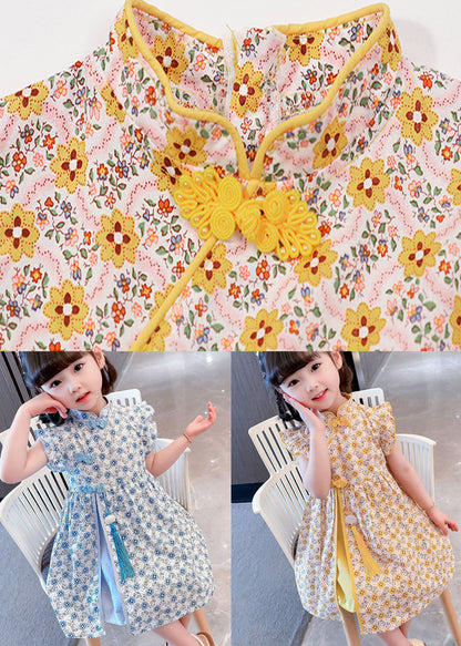 Blue Patchwork Cotton Kids Dresses Tasseled Stand Collar Summer