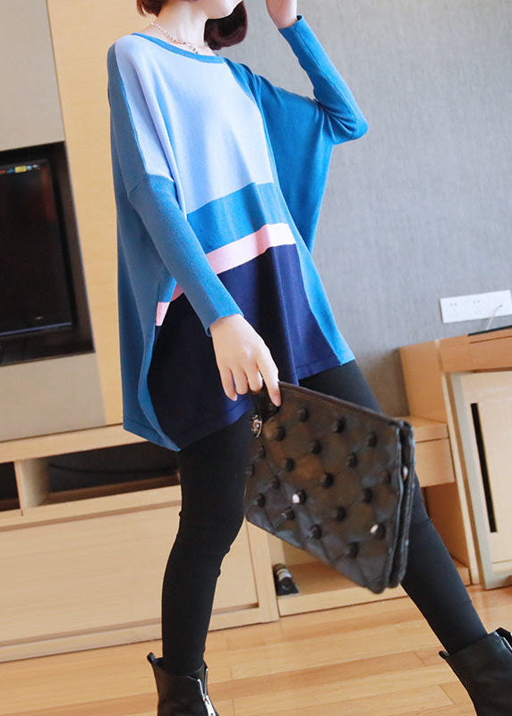 Blue Patchwork Knit Top Oversized O-neck Spring