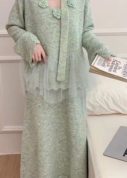 Blue Patchwork Knit Two Pieces Set Oversized Decorated Winter