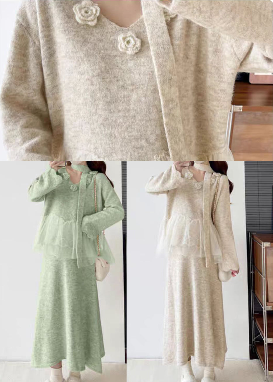Blue Patchwork Knit Two Pieces Set Oversized Decorated Winter