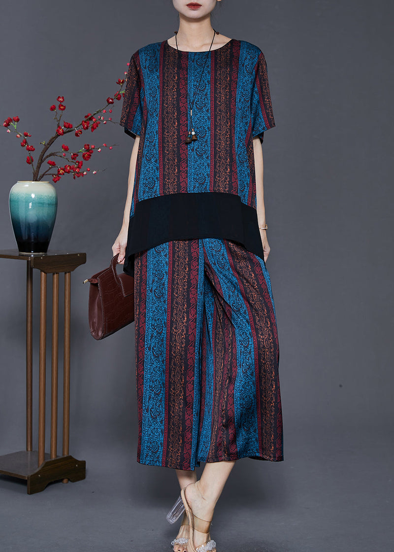 Blue Patchwork Silk Loose Two Pieces Set Low High Design Summer