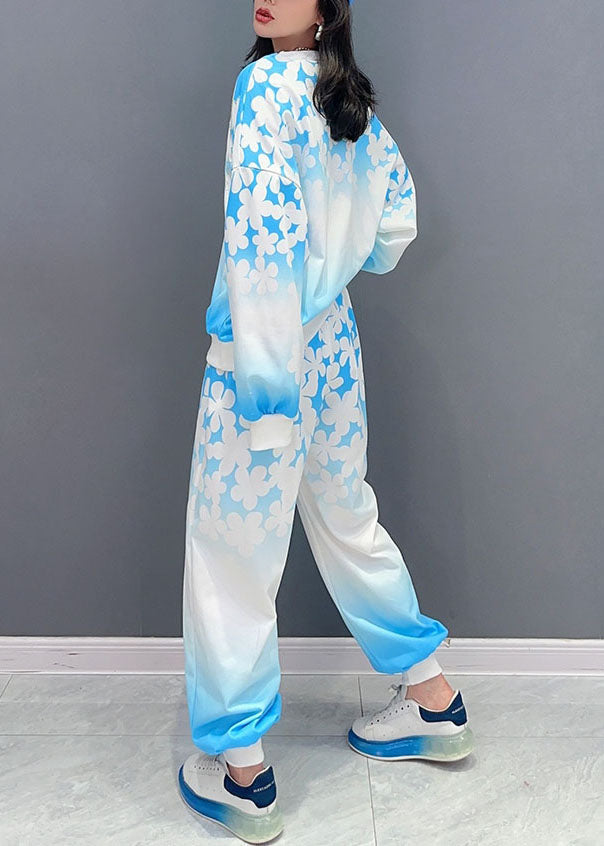 Blue Patchwork Tops and Pants Cotton Two Pieces Set O Neck Long Sleeve