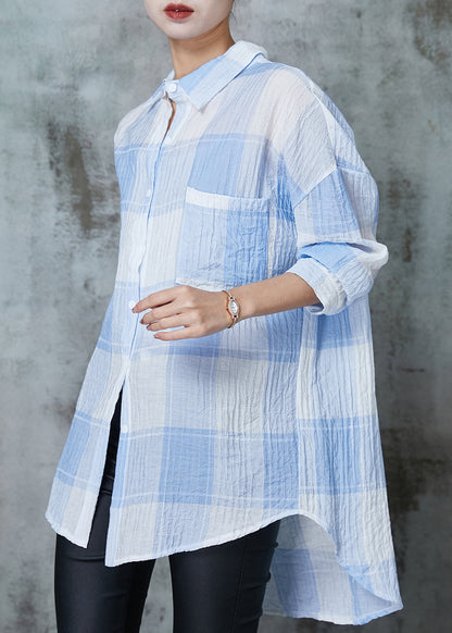Blue Plaid Cotton Upf 50+ Blouse Top Oversized Spring