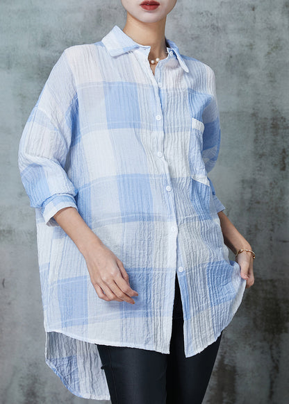 Blue Plaid Cotton Upf 50+ Blouse Top Oversized Spring