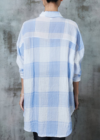 Blue Plaid Cotton Upf 50+ Blouse Top Oversized Spring