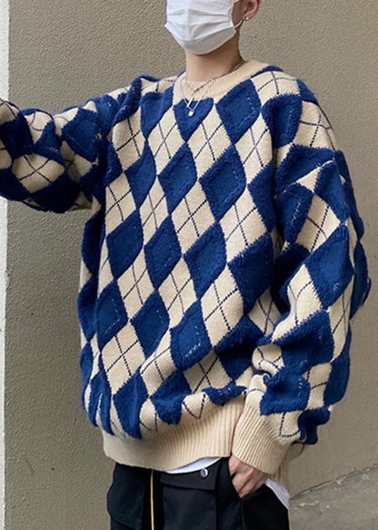 Blue Plaid Loose Knit Sweaters O Neck Fal