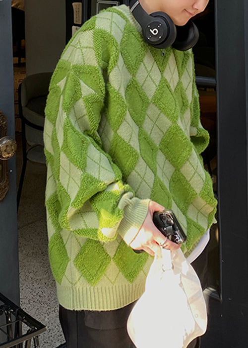 Blue Plaid Loose Knit Sweaters O Neck Fal