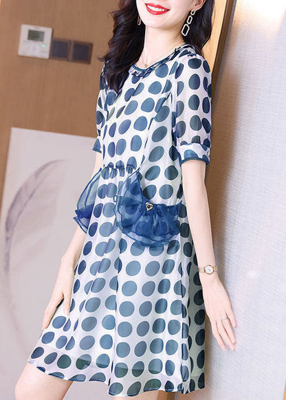 Blue Print Chiffon Holiday Dresses O-neck Slim Fit Summer