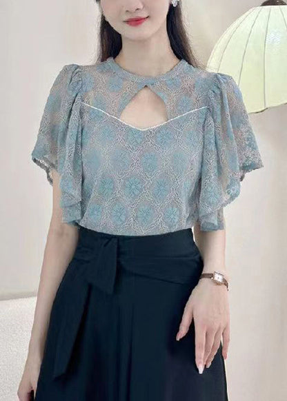 Blue Button Blouses O-neck Short Sleeve