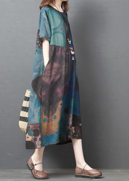 Blue Cotton Long Dresses Asymmetrical Design Short Sleeve