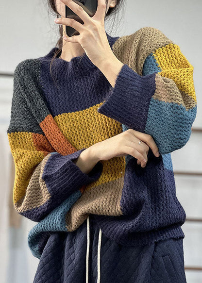 Blue Warm Patchwork Knitted Tops O-neck Oversized Winter