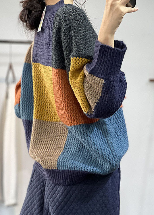 Blue Warm Patchwork Knitted Tops O-neck Oversized Winter
