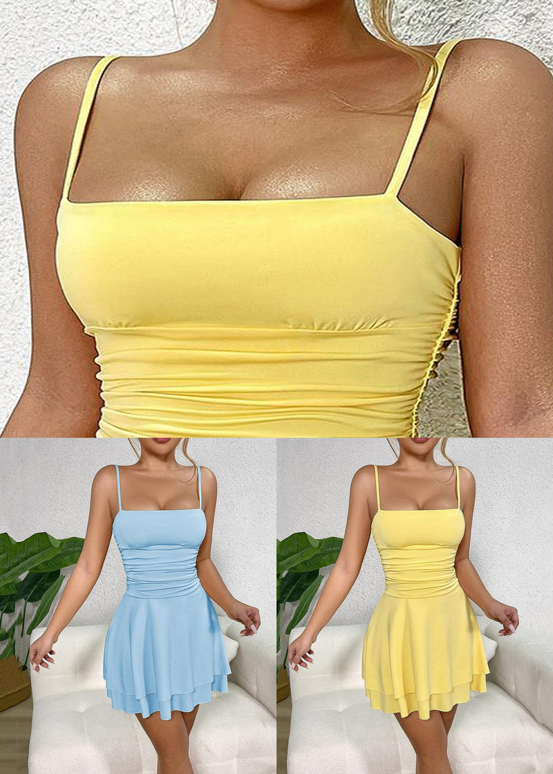 Blue Wrinkled Sleeveless Spaghetti Strap Dress Strapless