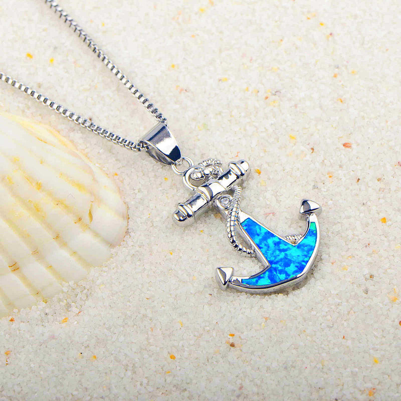 Blue Opal Anchor Necklace