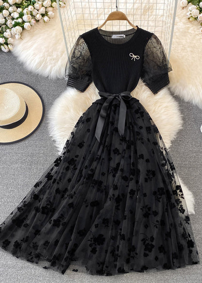 Apricot O-neck Embroideried Bow Tie Waist Knit Patchwork Tulle Maxi Dress Short Sleeve