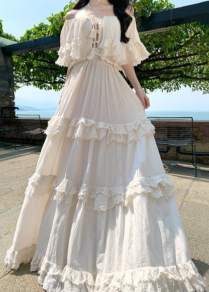 Apricot Slash Neck Ruffled Cotton Exra Large Hem Dress Summer