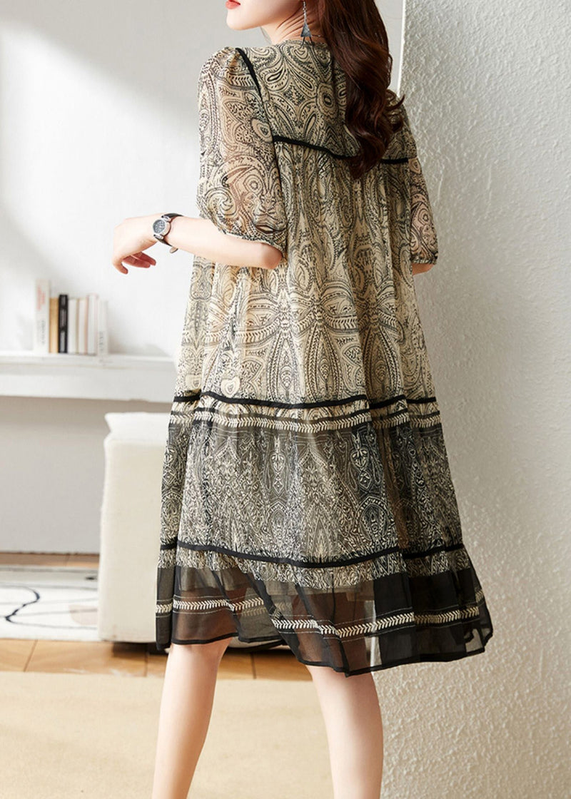 Beige O-neck Print Chiffon Maxi Dress Short Sleeve
