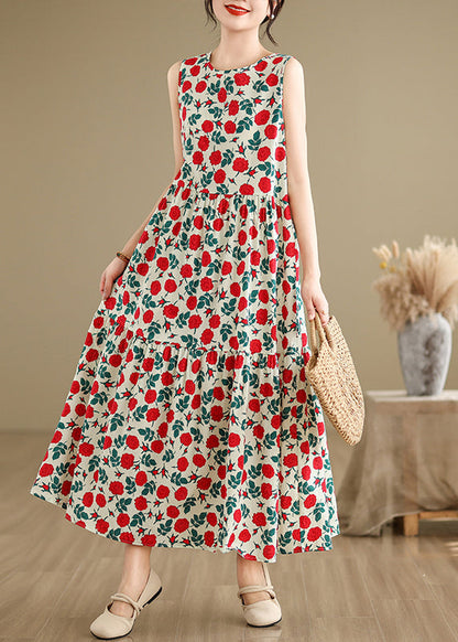 Beige O Neck Print Cotton Long Dresses Sleeveless