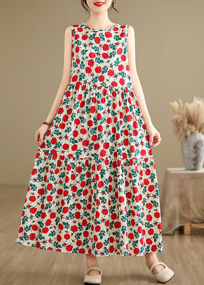 Beige O Neck Print Cotton Long Dresses Sleeveless