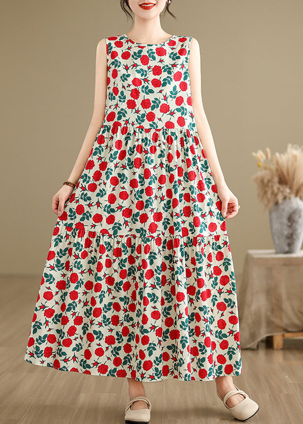 Beige O Neck Print Cotton Long Dresses Sleeveless