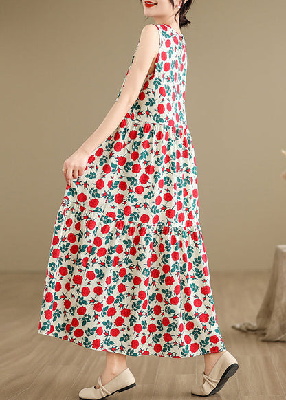 Beige O Neck Print Cotton Long Dresses Sleeveless
