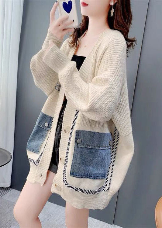 Beige Oversized Denim Patchwork Knit Cardigan Winter