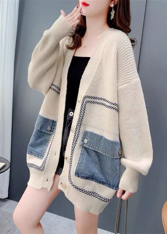 Beige Oversized Denim Patchwork Knit Cardigan Winter