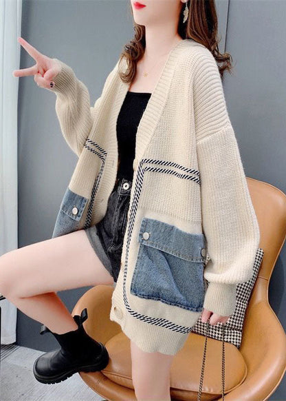 Beige Oversized Denim Patchwork Knit Cardigan Winter
