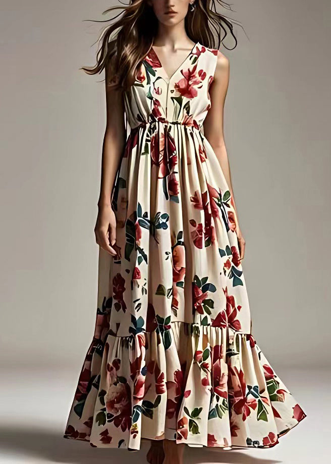 Beige Print Wrinkled Cotton Maxi Dresses Sleeveless