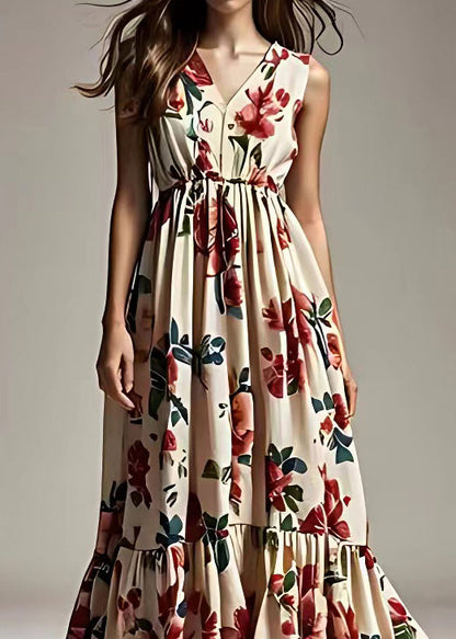 Beige Print Wrinkled Cotton Maxi Dresses Sleeveless