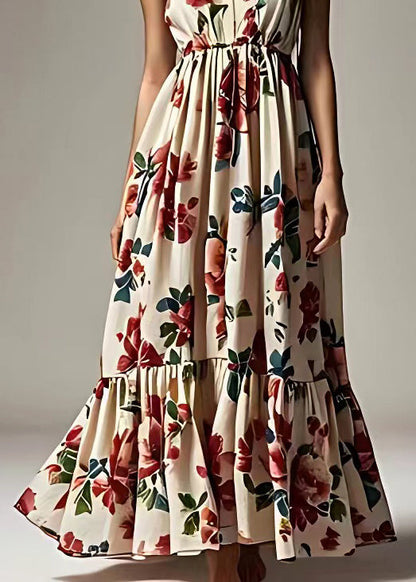 Beige Print Wrinkled Cotton Maxi Dresses Sleeveless