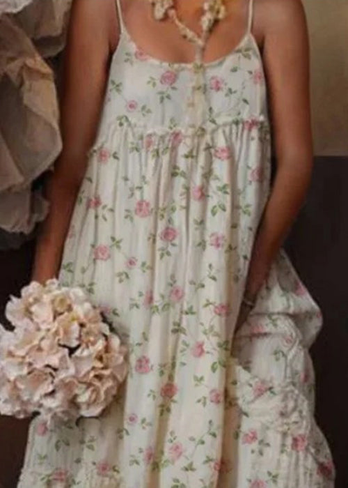 Beige Ruffled Print Cotton Spaghetti Strap Dress Sleeveless