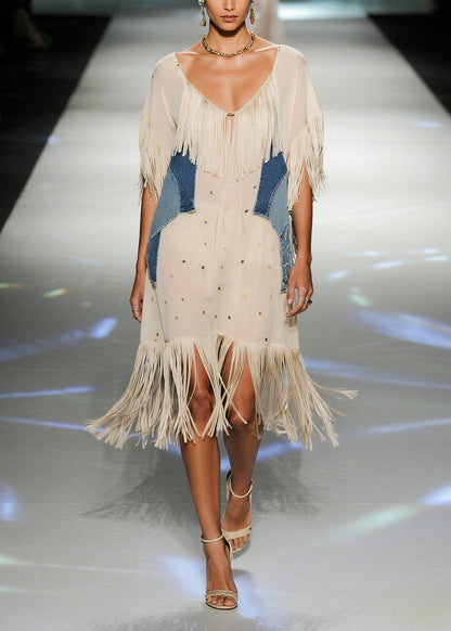 Beige Tasseled Patchwork Chiffon Vacation Dress Summer