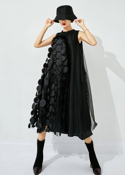 Khaki-black Dot Asymmetrical Patchwork Wrinkled Tulle Maxi Dress Sleeveless