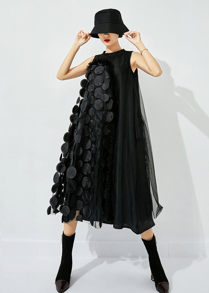Yellow-black Dot Asymmetrical Patchwork Wrinkled Tulle Maxi Dress Sleeveless