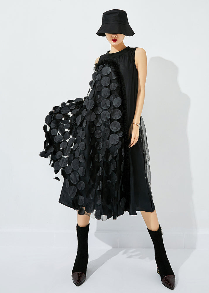 Black-blue Dot Asymmetrical Patchwork Wrinkled Tulle Maxi Dress Sleeveless