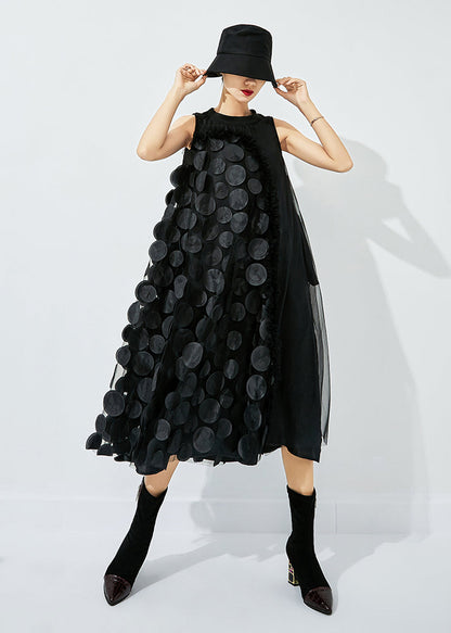 Light Green-black Dot Asymmetrical Patchwork Wrinkled Tulle Maxi Dress Sleeveless