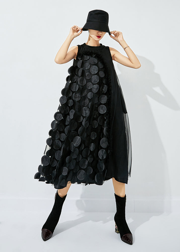 Black Asymmetrical Patchwork Wrinkled Tulle Maxi Dress Sleeveless
