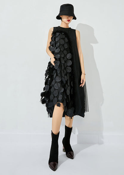 Tea Green-black Dot Asymmetrical Patchwork Wrinkled Tulle Maxi Dress Sleeveless