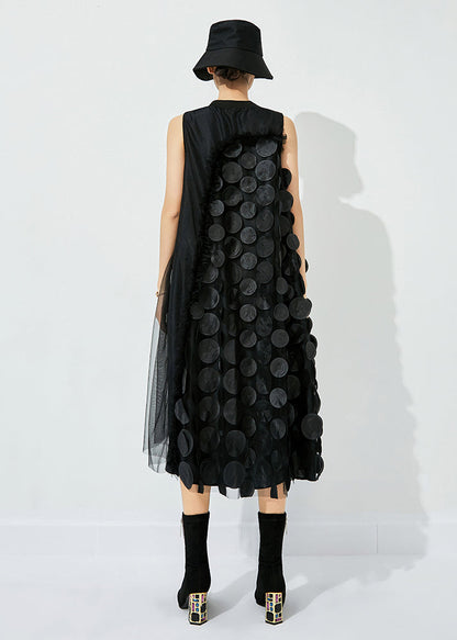 Yellow-black Dot Asymmetrical Patchwork Wrinkled Tulle Maxi Dress Sleeveless