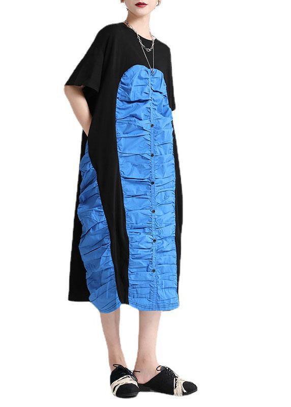 Black Cinched O-neck Patchwork Summer Button Dresses