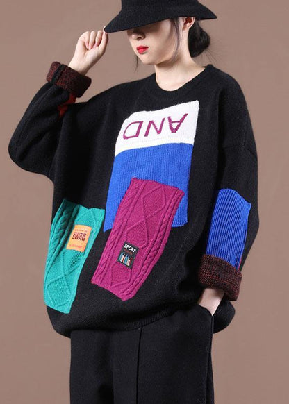 Black Colorblock Letter Fall Knit Sweater